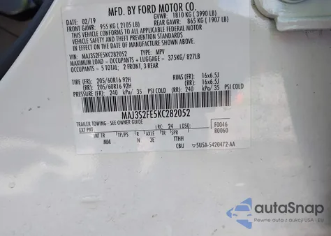 2019 Ford Ecosport S из США, поврежденный, VIN MAJ3S2FE5KC282052